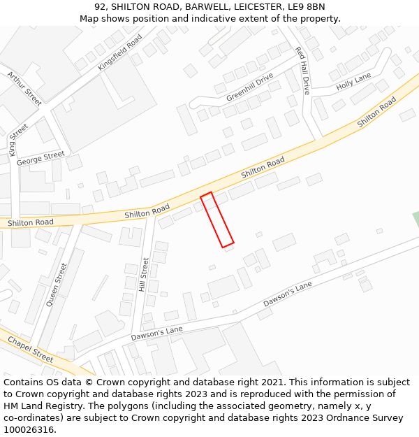 92, SHILTON ROAD, BARWELL, LEICESTER, LE9 8BN: Location map and indicative extent of plot