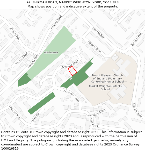 92, SHIPMAN ROAD, MARKET WEIGHTON, YORK, YO43 3RB: Location map and indicative extent of plot