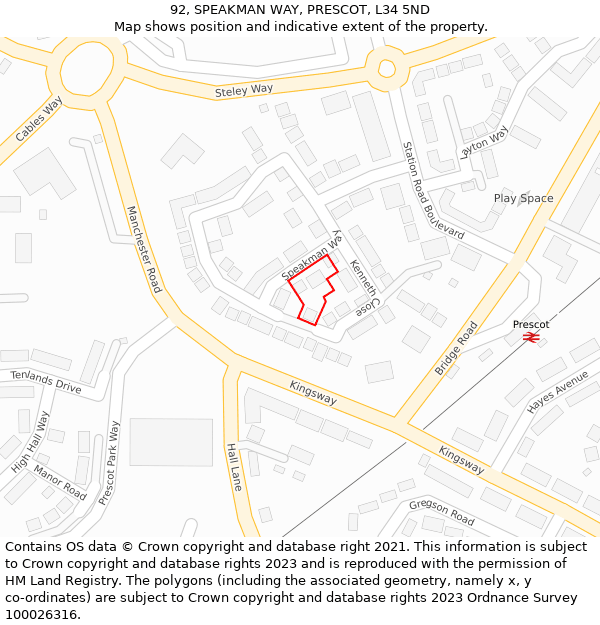 92, SPEAKMAN WAY, PRESCOT, L34 5ND: Location map and indicative extent of plot