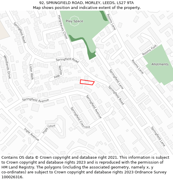 92, SPRINGFIELD ROAD, MORLEY, LEEDS, LS27 9TA: Location map and indicative extent of plot