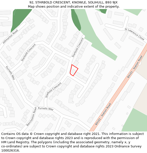 92, STARBOLD CRESCENT, KNOWLE, SOLIHULL, B93 9JX: Location map and indicative extent of plot