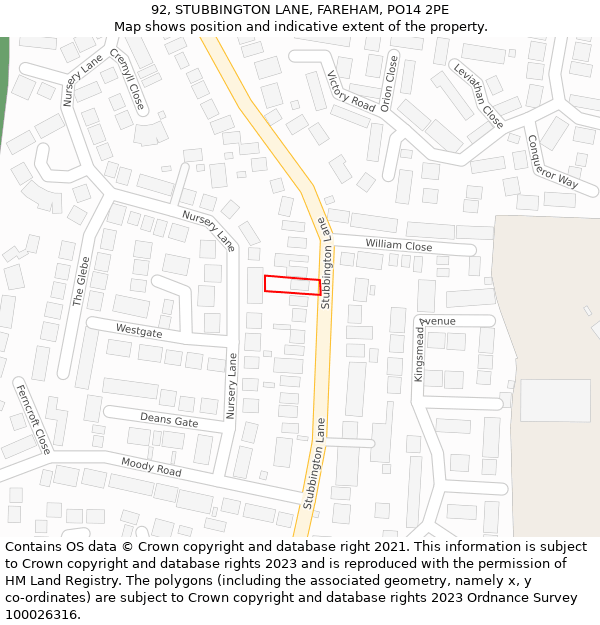 92, STUBBINGTON LANE, FAREHAM, PO14 2PE: Location map and indicative extent of plot