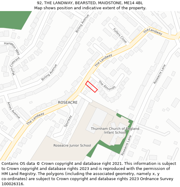 92, THE LANDWAY, BEARSTED, MAIDSTONE, ME14 4BL: Location map and indicative extent of plot