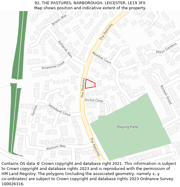92, THE PASTURES, NARBOROUGH, LEICESTER, LE19 3FX: Location map and indicative extent of plot