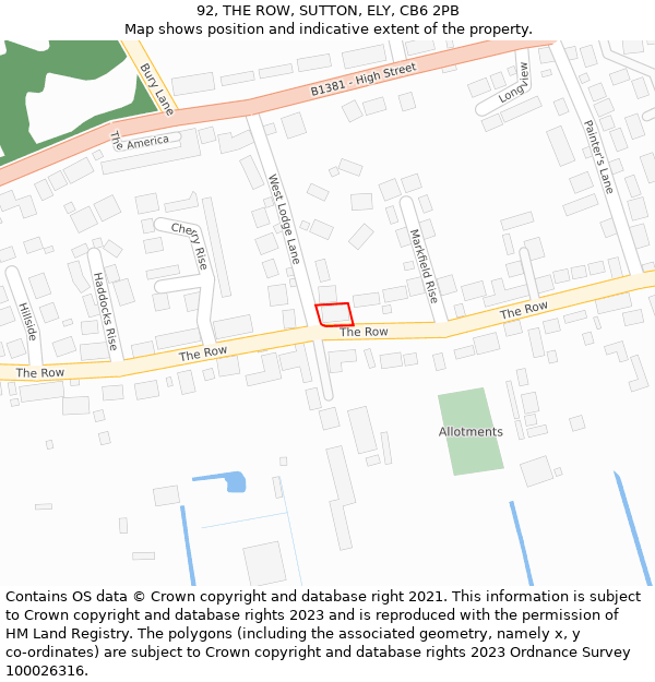 92, THE ROW, SUTTON, ELY, CB6 2PB: Location map and indicative extent of plot