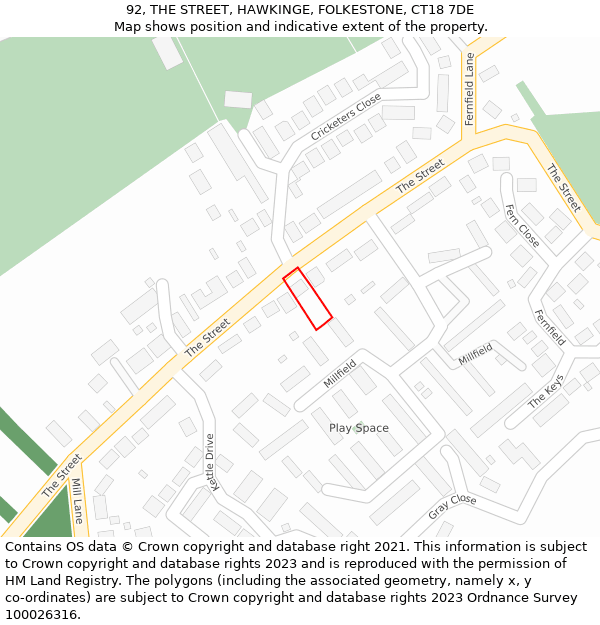 92, THE STREET, HAWKINGE, FOLKESTONE, CT18 7DE: Location map and indicative extent of plot