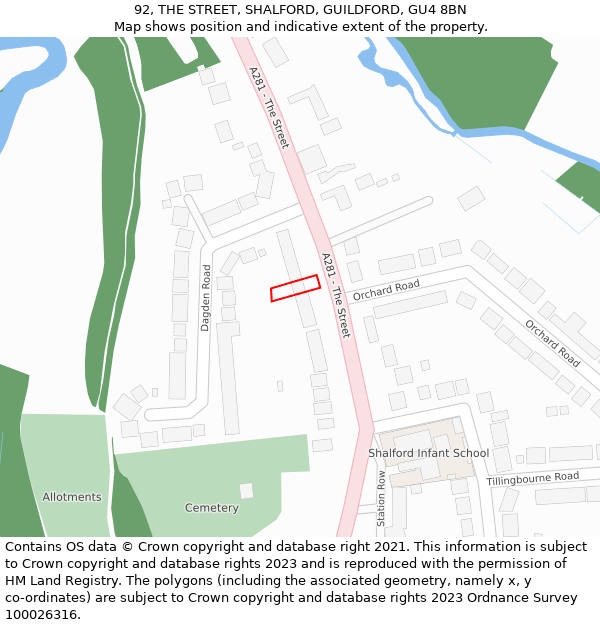 92, THE STREET, SHALFORD, GUILDFORD, GU4 8BN: Location map and indicative extent of plot