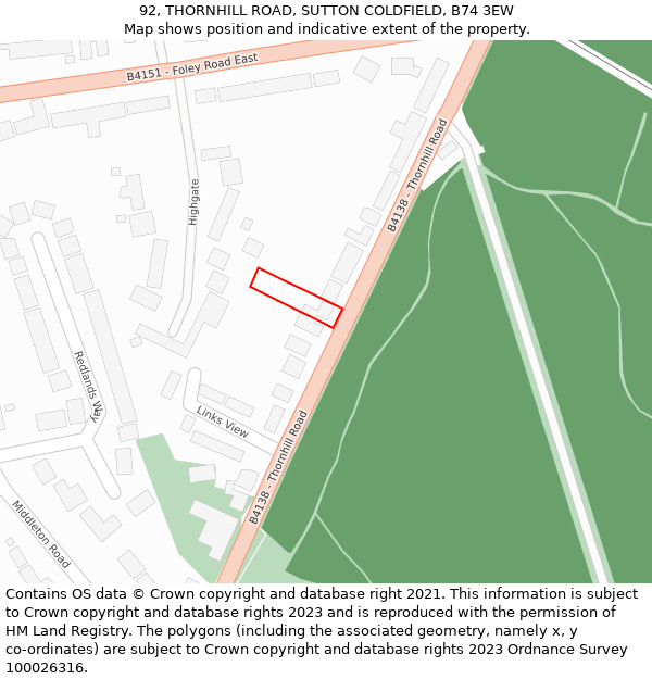 92, THORNHILL ROAD, SUTTON COLDFIELD, B74 3EW: Location map and indicative extent of plot