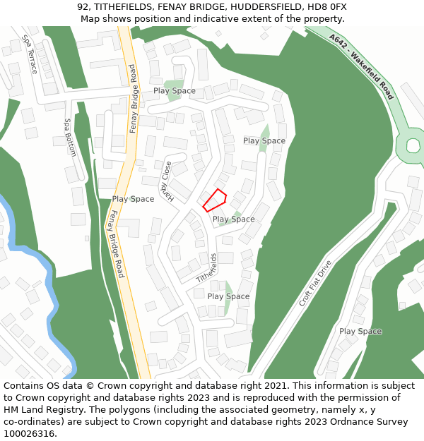 92, TITHEFIELDS, FENAY BRIDGE, HUDDERSFIELD, HD8 0FX: Location map and indicative extent of plot
