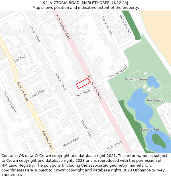 92, VICTORIA ROAD, MABLETHORPE, LN12 2AJ: Location map and indicative extent of plot