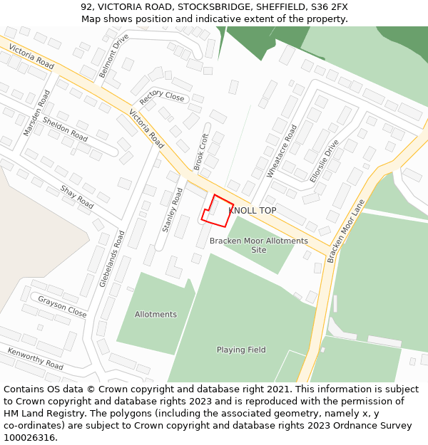 92, VICTORIA ROAD, STOCKSBRIDGE, SHEFFIELD, S36 2FX: Location map and indicative extent of plot