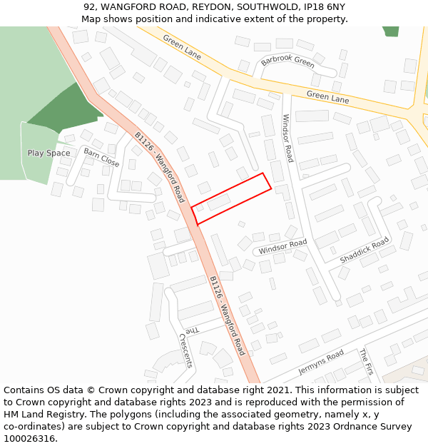 92, WANGFORD ROAD, REYDON, SOUTHWOLD, IP18 6NY: Location map and indicative extent of plot