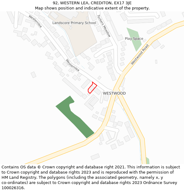 92, WESTERN LEA, CREDITON, EX17 3JE: Location map and indicative extent of plot