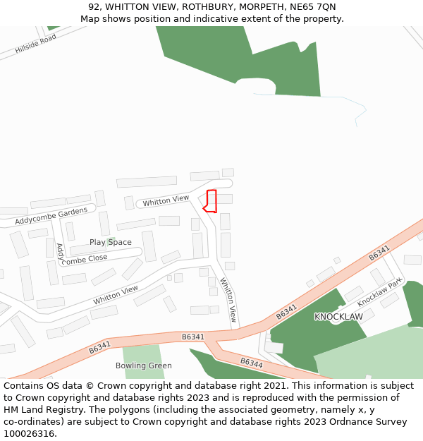 92, WHITTON VIEW, ROTHBURY, MORPETH, NE65 7QN: Location map and indicative extent of plot