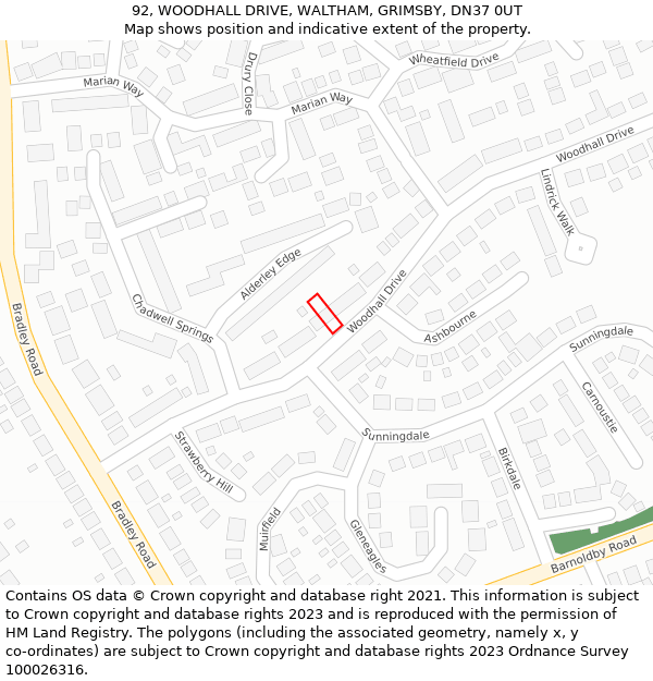 92, WOODHALL DRIVE, WALTHAM, GRIMSBY, DN37 0UT: Location map and indicative extent of plot