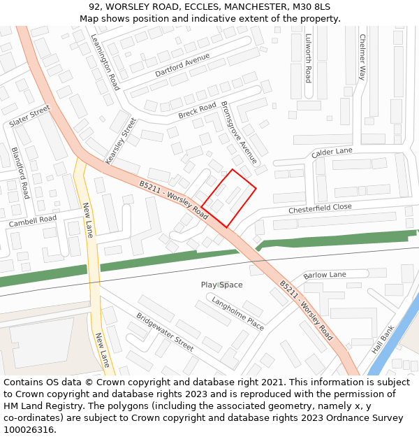 92, WORSLEY ROAD, ECCLES, MANCHESTER, M30 8LS: Location map and indicative extent of plot