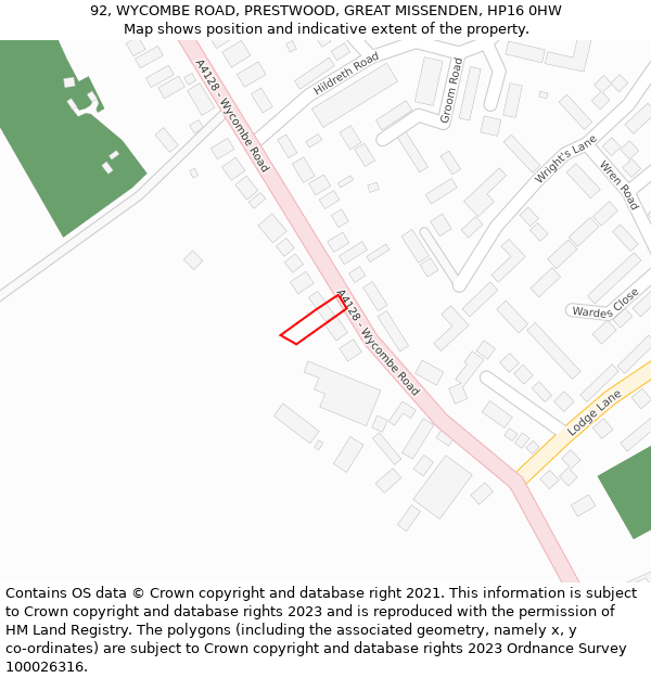 92, WYCOMBE ROAD, PRESTWOOD, GREAT MISSENDEN, HP16 0HW: Location map and indicative extent of plot