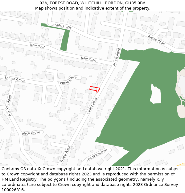 92A, FOREST ROAD, WHITEHILL, BORDON, GU35 9BA: Location map and indicative extent of plot