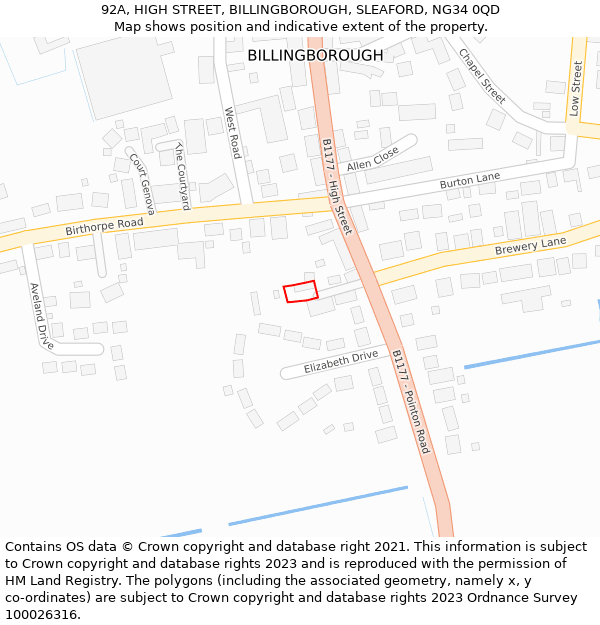 92A, HIGH STREET, BILLINGBOROUGH, SLEAFORD, NG34 0QD: Location map and indicative extent of plot