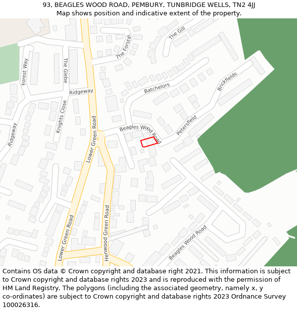 93, BEAGLES WOOD ROAD, PEMBURY, TUNBRIDGE WELLS, TN2 4JJ: Location map and indicative extent of plot