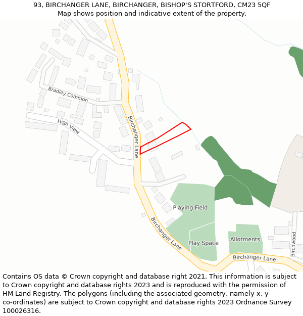 93, BIRCHANGER LANE, BIRCHANGER, BISHOP'S STORTFORD, CM23 5QF: Location map and indicative extent of plot