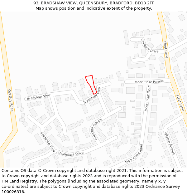 93, BRADSHAW VIEW, QUEENSBURY, BRADFORD, BD13 2FF: Location map and indicative extent of plot