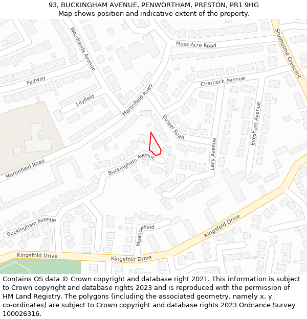 93, BUCKINGHAM AVENUE, PENWORTHAM, PRESTON, PR1 9HG: Location map and indicative extent of plot