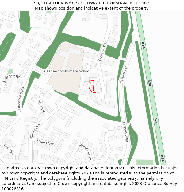 93, CHARLOCK WAY, SOUTHWATER, HORSHAM, RH13 9GZ: Location map and indicative extent of plot