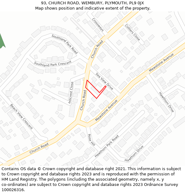 93, CHURCH ROAD, WEMBURY, PLYMOUTH, PL9 0JX: Location map and indicative extent of plot