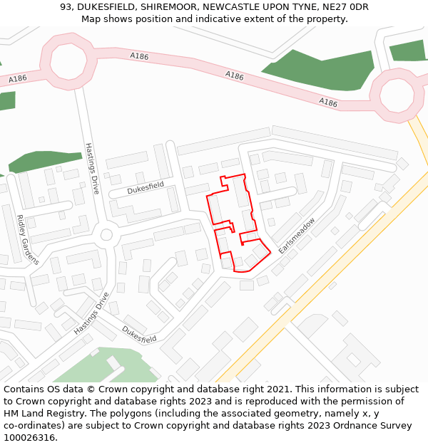 93, DUKESFIELD, SHIREMOOR, NEWCASTLE UPON TYNE, NE27 0DR: Location map and indicative extent of plot