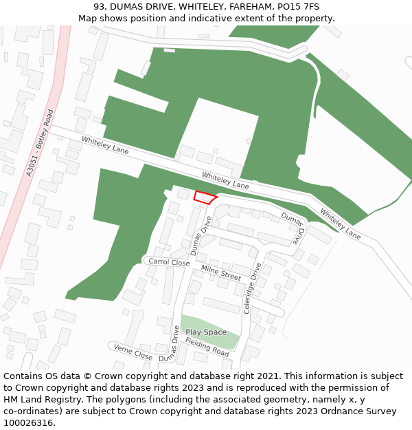 93, DUMAS DRIVE, WHITELEY, FAREHAM, PO15 7FS: Location map and indicative extent of plot