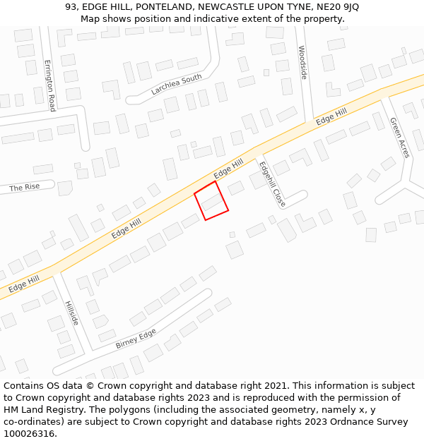 93, EDGE HILL, PONTELAND, NEWCASTLE UPON TYNE, NE20 9JQ: Location map and indicative extent of plot