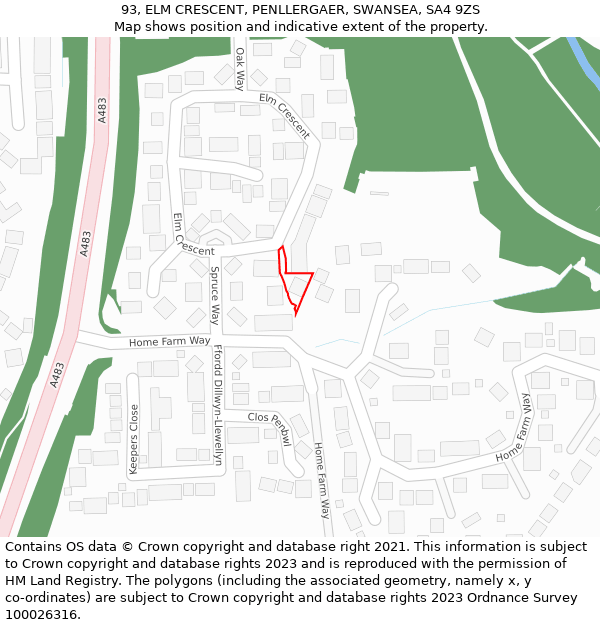 93, ELM CRESCENT, PENLLERGAER, SWANSEA, SA4 9ZS: Location map and indicative extent of plot