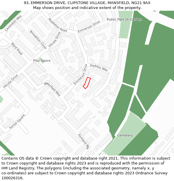 93, EMMERSON DRIVE, CLIPSTONE VILLAGE, MANSFIELD, NG21 9AX: Location map and indicative extent of plot