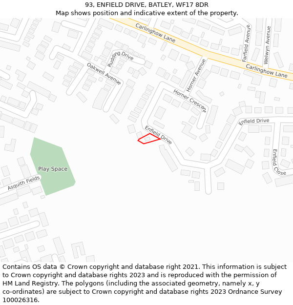 93, ENFIELD DRIVE, BATLEY, WF17 8DR: Location map and indicative extent of plot