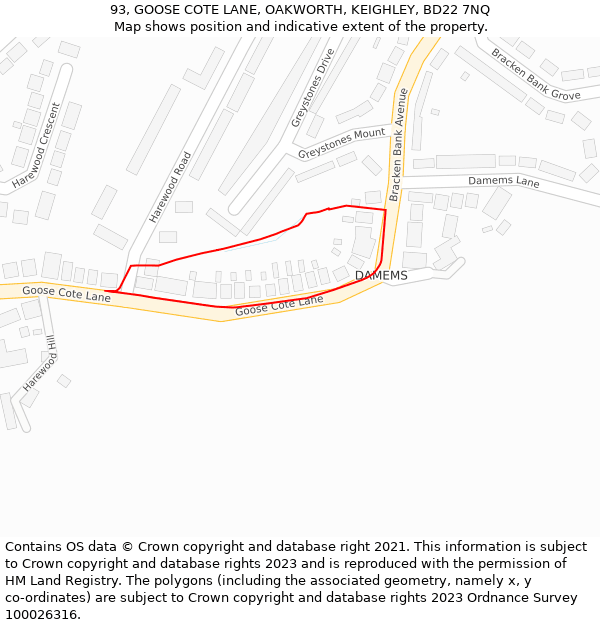 93, GOOSE COTE LANE, OAKWORTH, KEIGHLEY, BD22 7NQ: Location map and indicative extent of plot