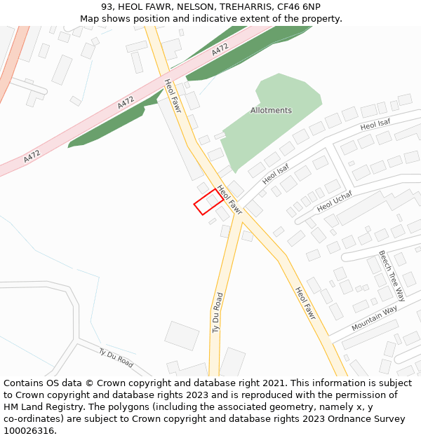 93, HEOL FAWR, NELSON, TREHARRIS, CF46 6NP: Location map and indicative extent of plot