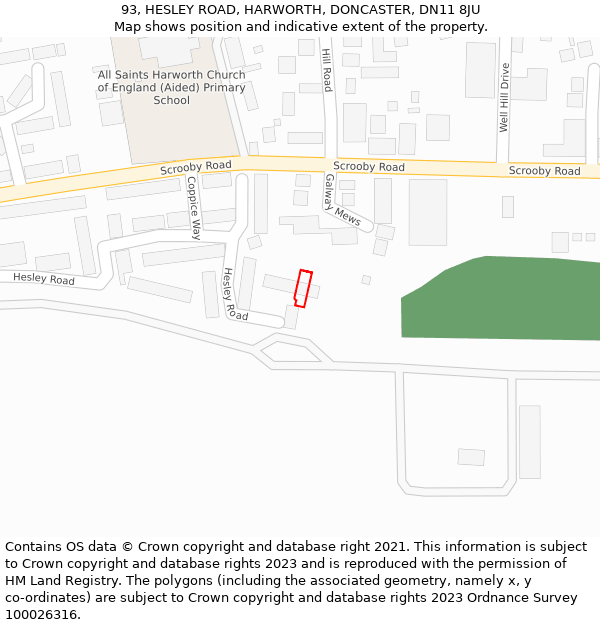 93, HESLEY ROAD, HARWORTH, DONCASTER, DN11 8JU: Location map and indicative extent of plot