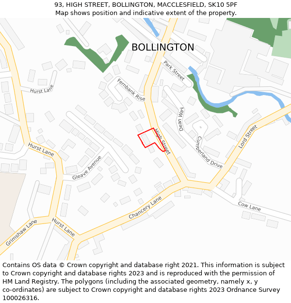 93, HIGH STREET, BOLLINGTON, MACCLESFIELD, SK10 5PF: Location map and indicative extent of plot