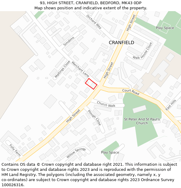 93, HIGH STREET, CRANFIELD, BEDFORD, MK43 0DP: Location map and indicative extent of plot