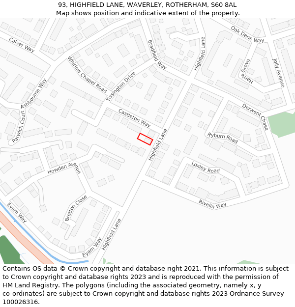 93, HIGHFIELD LANE, WAVERLEY, ROTHERHAM, S60 8AL: Location map and indicative extent of plot