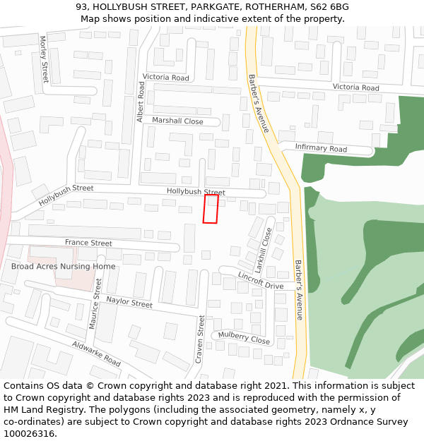 93, HOLLYBUSH STREET, PARKGATE, ROTHERHAM, S62 6BG: Location map and indicative extent of plot