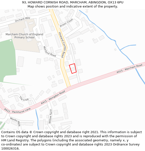 93, HOWARD CORNISH ROAD, MARCHAM, ABINGDON, OX13 6PU: Location map and indicative extent of plot