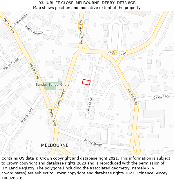 93, JUBILEE CLOSE, MELBOURNE, DERBY, DE73 8GR: Location map and indicative extent of plot