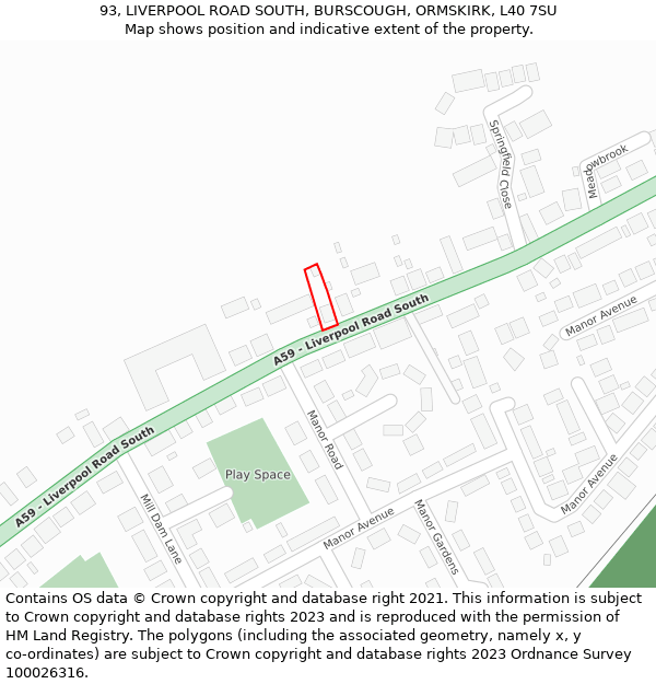 93, LIVERPOOL ROAD SOUTH, BURSCOUGH, ORMSKIRK, L40 7SU: Location map and indicative extent of plot