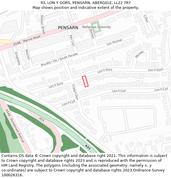 93, LON Y GORS, PENSARN, ABERGELE, LL22 7RY: Location map and indicative extent of plot