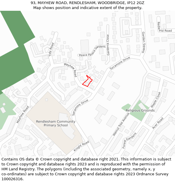 93, MAYHEW ROAD, RENDLESHAM, WOODBRIDGE, IP12 2GZ: Location map and indicative extent of plot