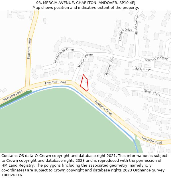 93, MERCIA AVENUE, CHARLTON, ANDOVER, SP10 4EJ: Location map and indicative extent of plot