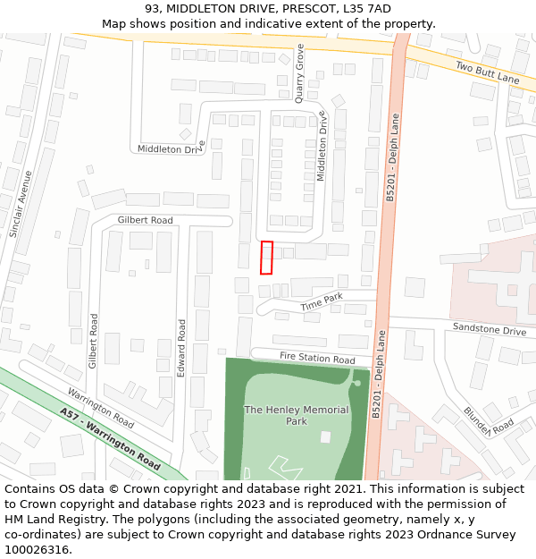 93, MIDDLETON DRIVE, PRESCOT, L35 7AD: Location map and indicative extent of plot