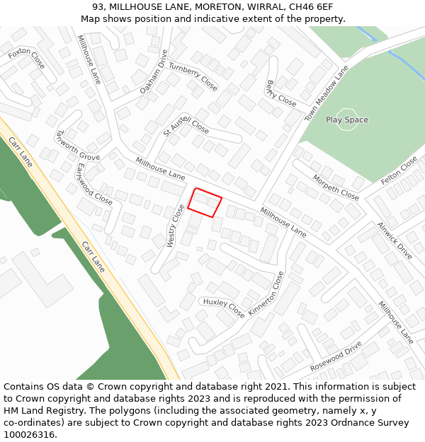 93, MILLHOUSE LANE, MORETON, WIRRAL, CH46 6EF: Location map and indicative extent of plot